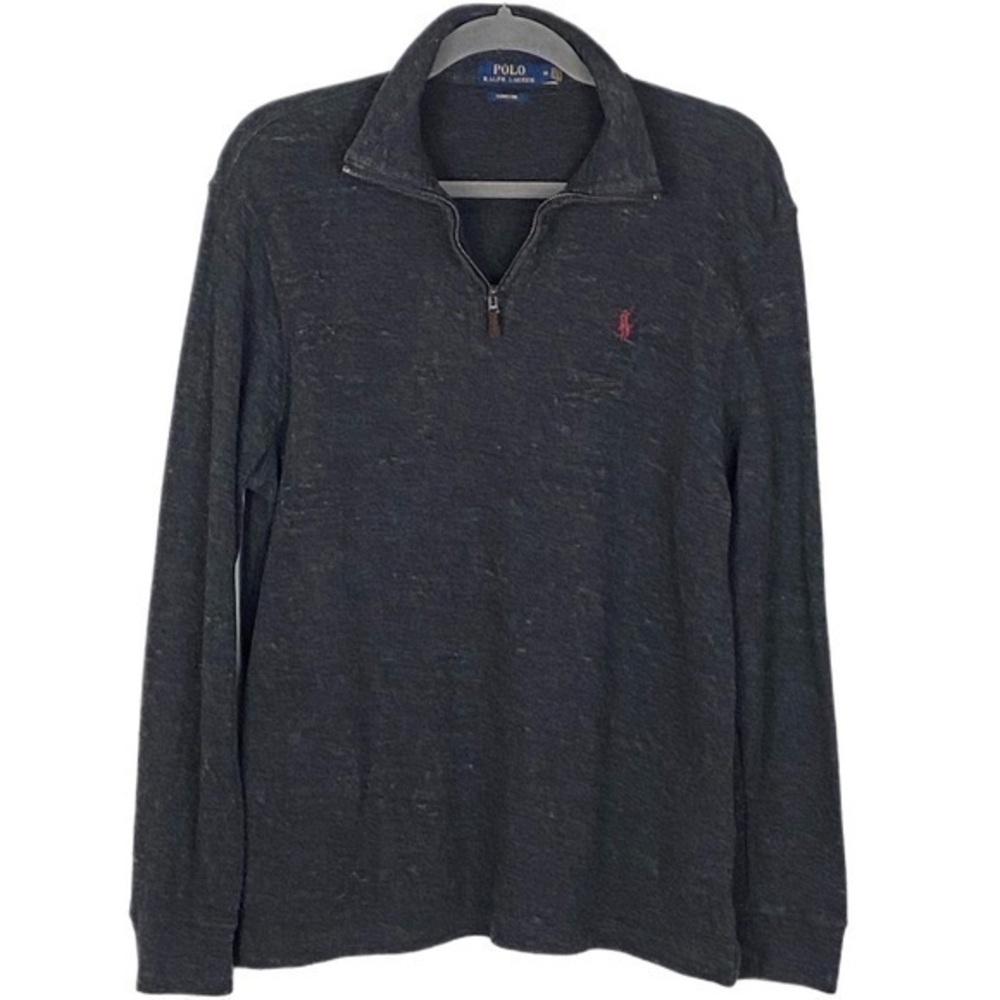 POLO RALPH LAUREN dark heather grey 1/4 zip sweater with logo. Size Medium. EUC